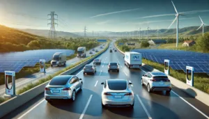 DALL·E 2024-11-21 19.42.34 - A realistic scene of a modern highway with electric vehicles, including Tesla Model Y and Hyundai Ioniq 7, driving under clear blue skies. The highway