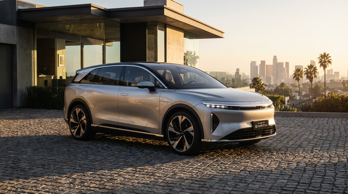 Srebrny elektryczny SUV Lucid Earth w nowoczesnym miejskim otoczeniu