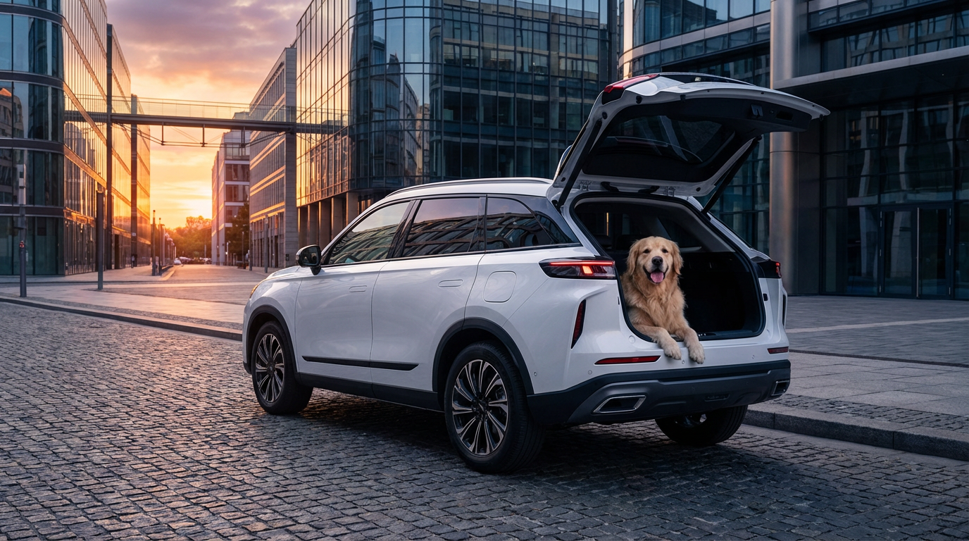 Nowy elektryczny SUV Jaecoo J5 z psem w bagażniku na tle nowoczesnego miasta.