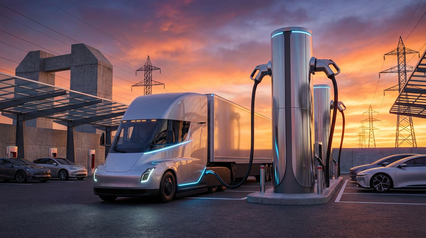 Elektryczna ciężarówka Tesla Semi przy stanowisku ładowania Megacharger