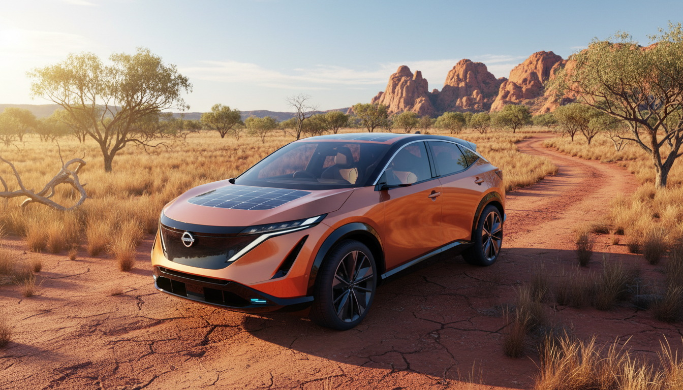 Nowoczesny elektryczny Nissan Ariya z panelami słonecznymi w pełnym słońcu
