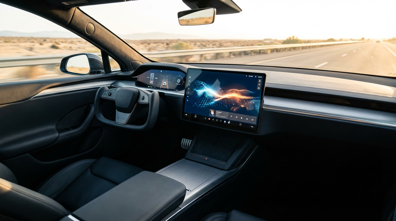 Biały samochód marki Tesla poruszający się po autostradzie z aktywnym systemem wspomagania kierowcy.