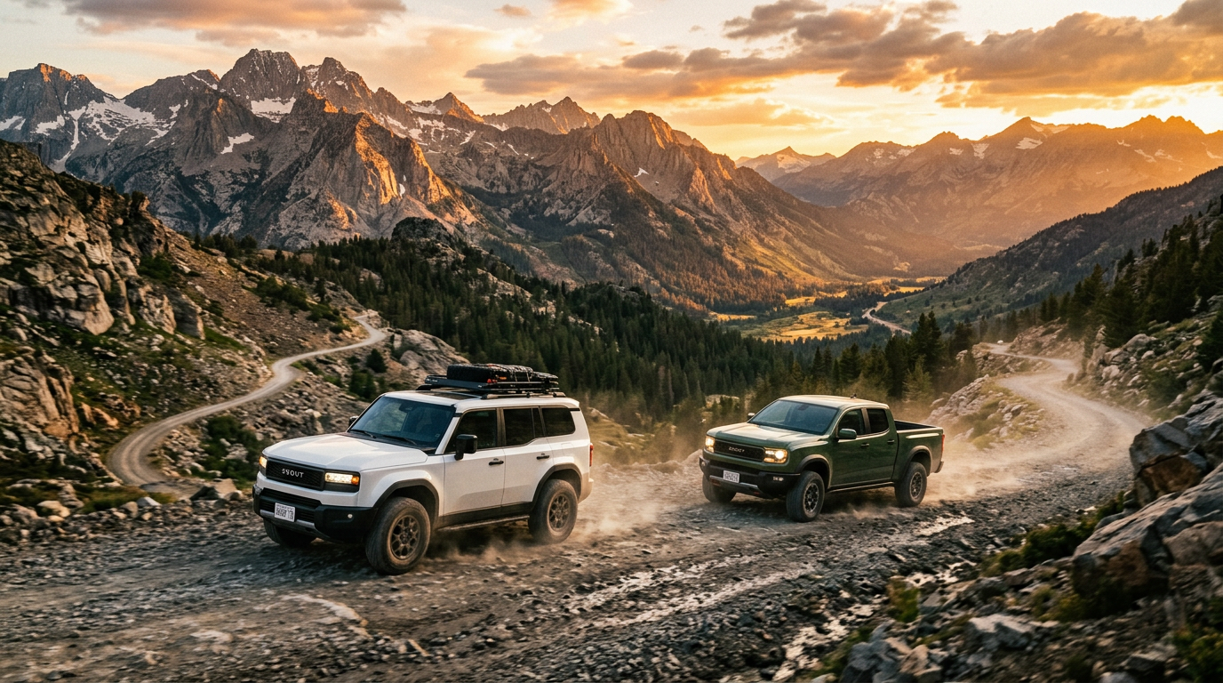 Nowy Scout Traveler oraz pickup Terra w terenie górzystym przy zachodzie słońca.