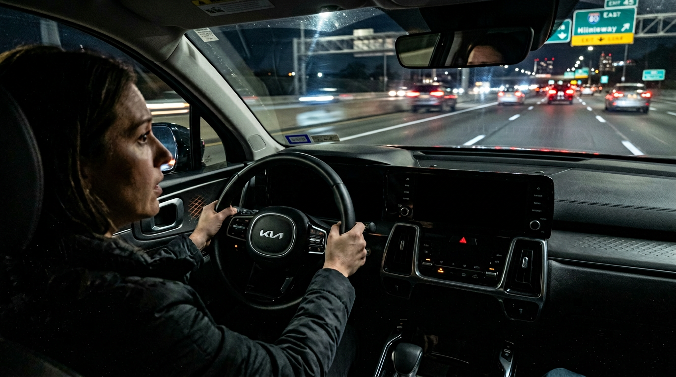 Zgaszony cyfrowy zestaw wskaźników w nowoczesnym samochodzie marki Hyundai lub Kia podczas jazdy nocą.