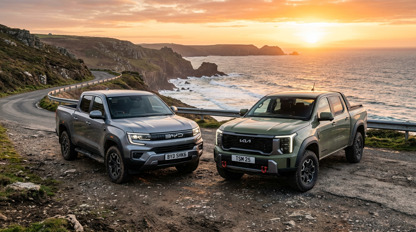 Srebrny pickup BYD Shark 6 obok modelu Kia Tasman na tle nowoczesnej infrastruktury.