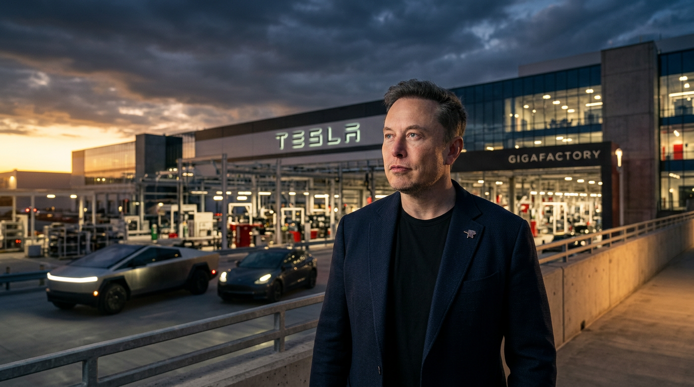 Elon Musk na tle nowoczesnej fabryki Tesla i samochodu elektrycznego