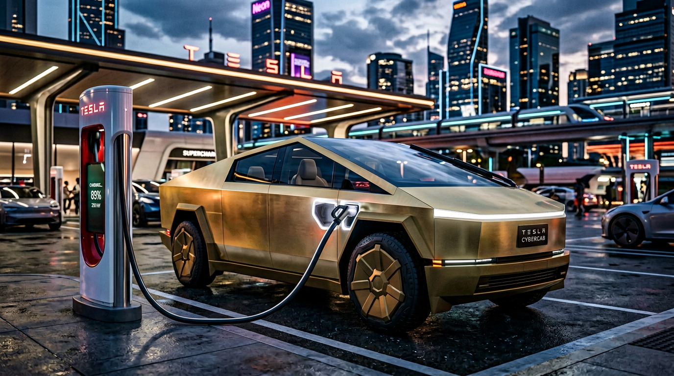 Tesla Cybercab podłączona do ładowarki, widoczne złącze ładowania w autonomicznym pojeździe.