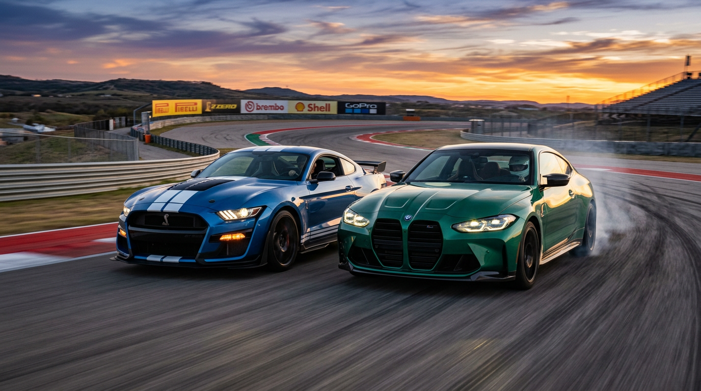 BMW M4 Competition i Ford Mustang na torze wyścigowym podczas zachodu słońca