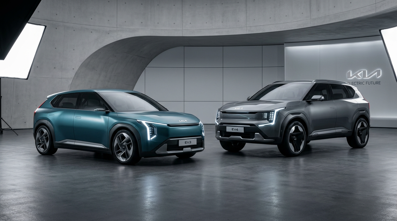 Nowoczesne modele koncepcyjne Kia z napędem elektrycznym wyświetlone w studiu.