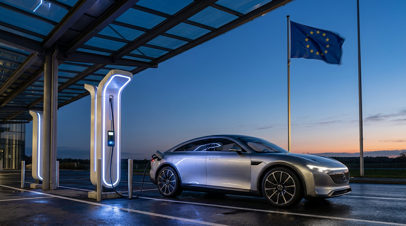 Samochód elektryczny ładujący się na stacji w Europie na tle symboli Unii Europejskiej