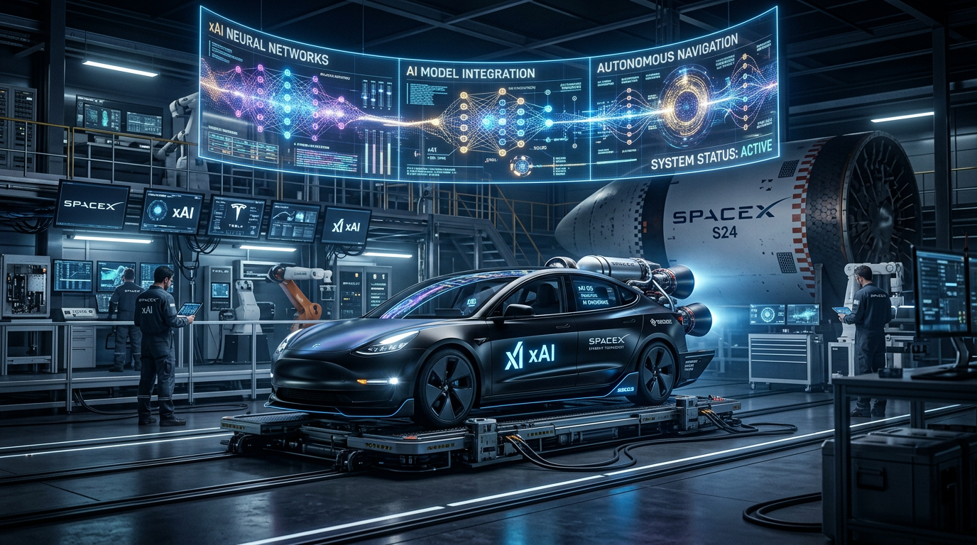 Samochód Tesla Model 3 na tle rakiety SpaceX i cyfrowych sieci neuronowych xAI.