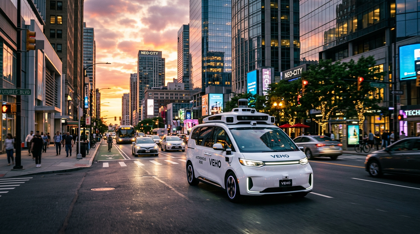 Biała autonomiczna taksówka poruszająca się po nowoczesnym miejskim bulwarze w świetle zachodzącego słońca.