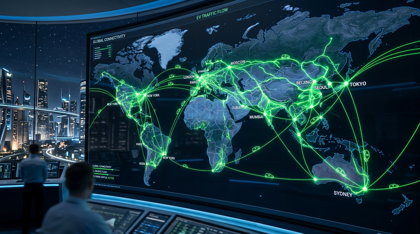 Nowoczesna mapa świata z symbolami transportu elektrycznego i e-mobilności