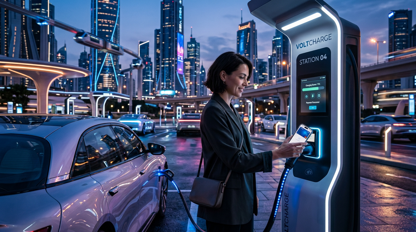 Kierowca dokonujący płatności cyfrowej przy nowoczesnej stacji ładowania pojazdów elektrycznych.