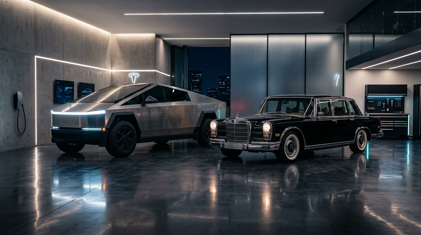 Tesla Cybertruck w porównaniu z luksusowym samochodem elektrycznym w nowoczesnym garażu.
