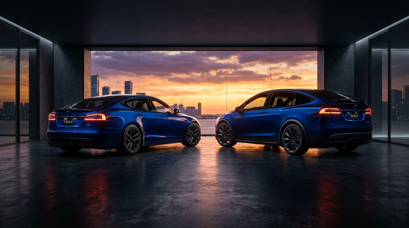 Pożegnanie flagowych modeli Tesli: Model S oraz Model X w profesjonalnym studiu fotograficznym.