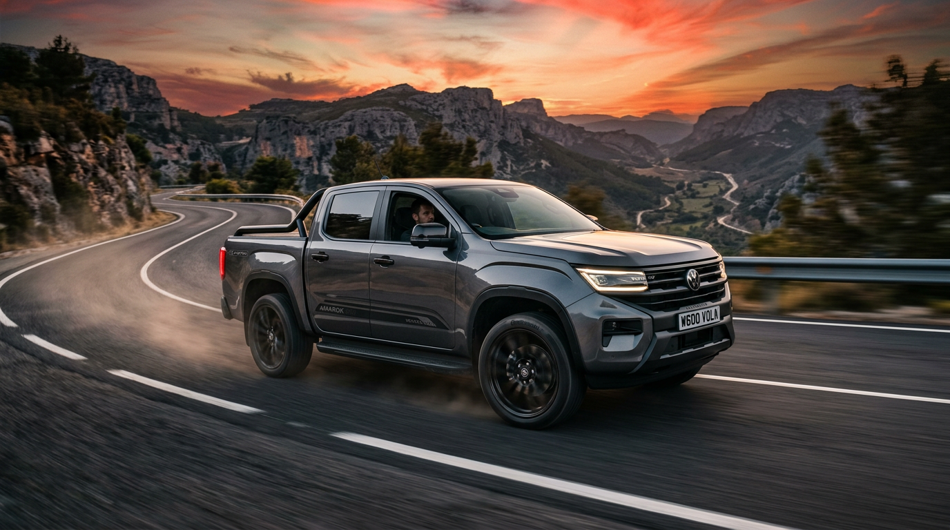 Nowy Volkswagen Amarok W600 na krętej asfaltowej drodze