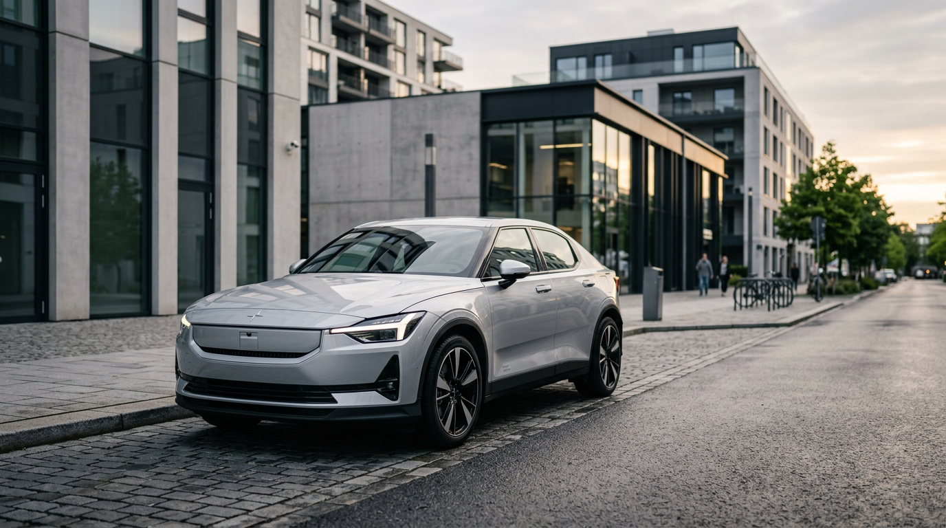 Srebrny samochód elektryczny Polestar 2 model 2026 na tle nowoczesnej architektury