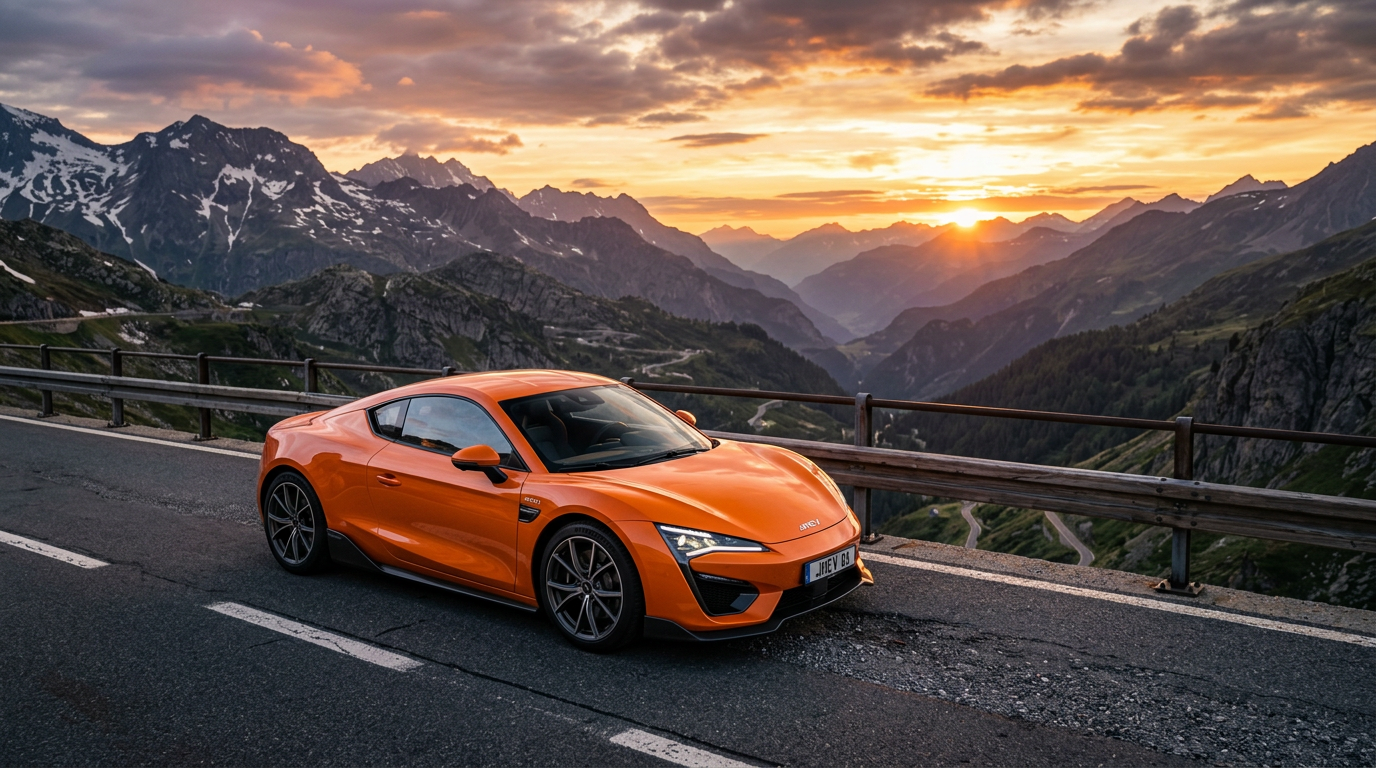 Pomarańczowy chiński samochód sportowy JMEV SC01 na górskiej drodze