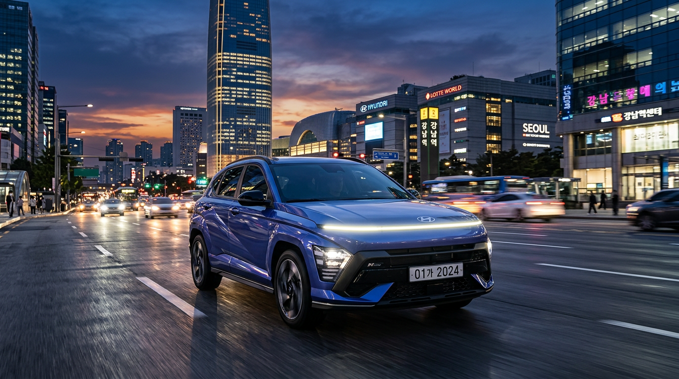 Nowy model Hyundai Kona z charakterystycznym pasem świateł LED na tle nowoczesnej architektury.