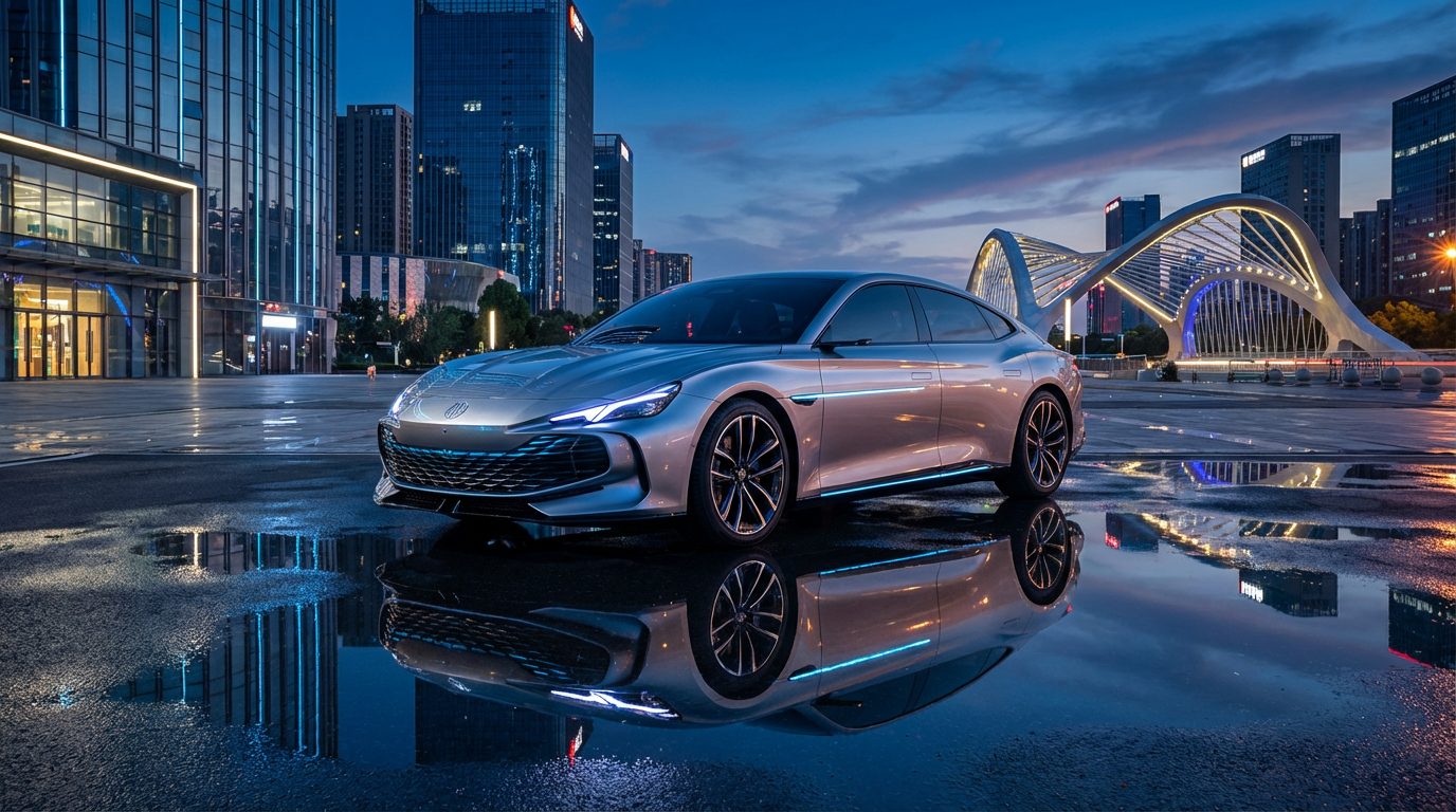 Nowoczesny elektryczny sedan MG 07 na tle miejskiej architektury