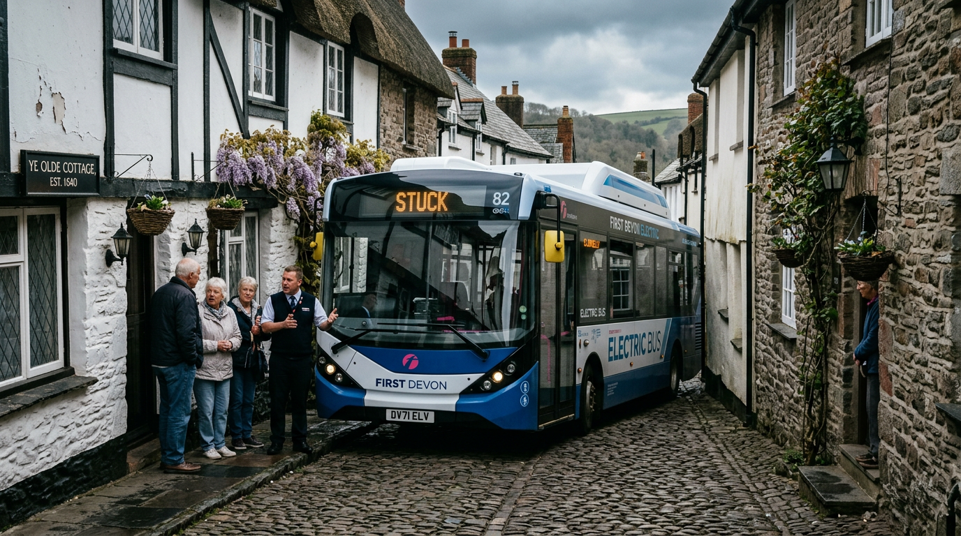 Duży elektryczny autobus na bardzo wąskiej zabytkowej ulicy w hrabstwie Devon w Wielkiej Brytanii