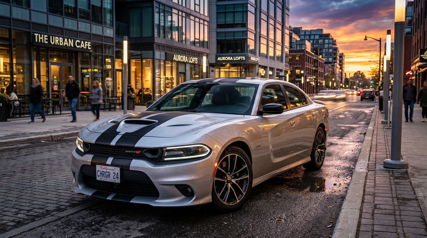 Nowy Dodge Charger Sixpack w kolorze srebrnym z czarnymi pasami na masce