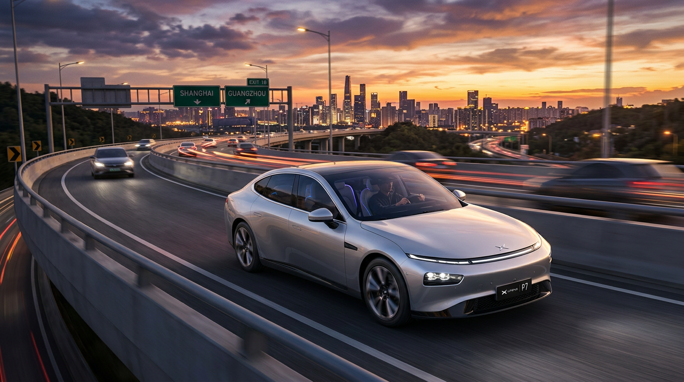 Nowoczesny samochód elektryczny XPeng Next P7 na drodze