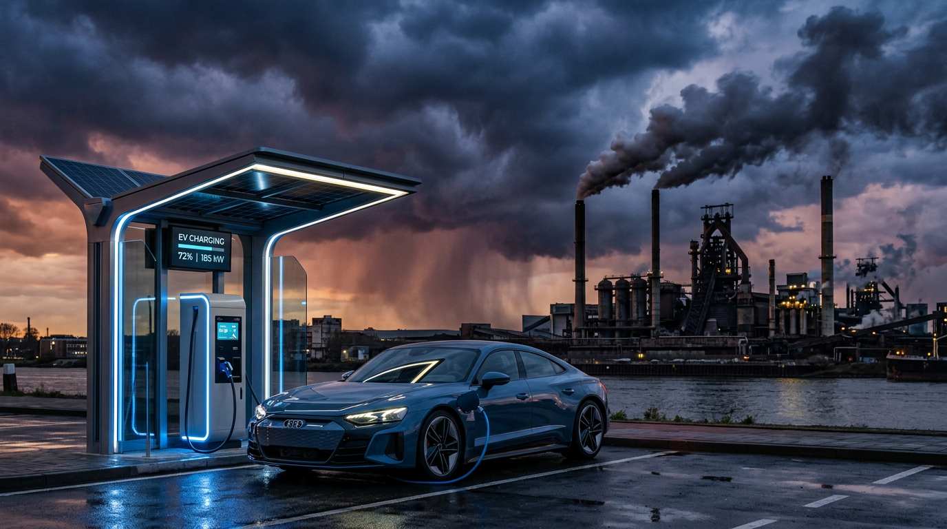 Samochód elektryczny na tle nowoczesnej infrastruktury i zanieczyszczonego horyzontu.