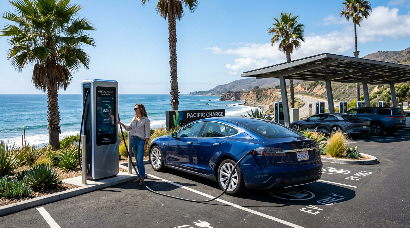 Samochód elektryczny ładowany na nowoczesnej stacji w Kalifornii