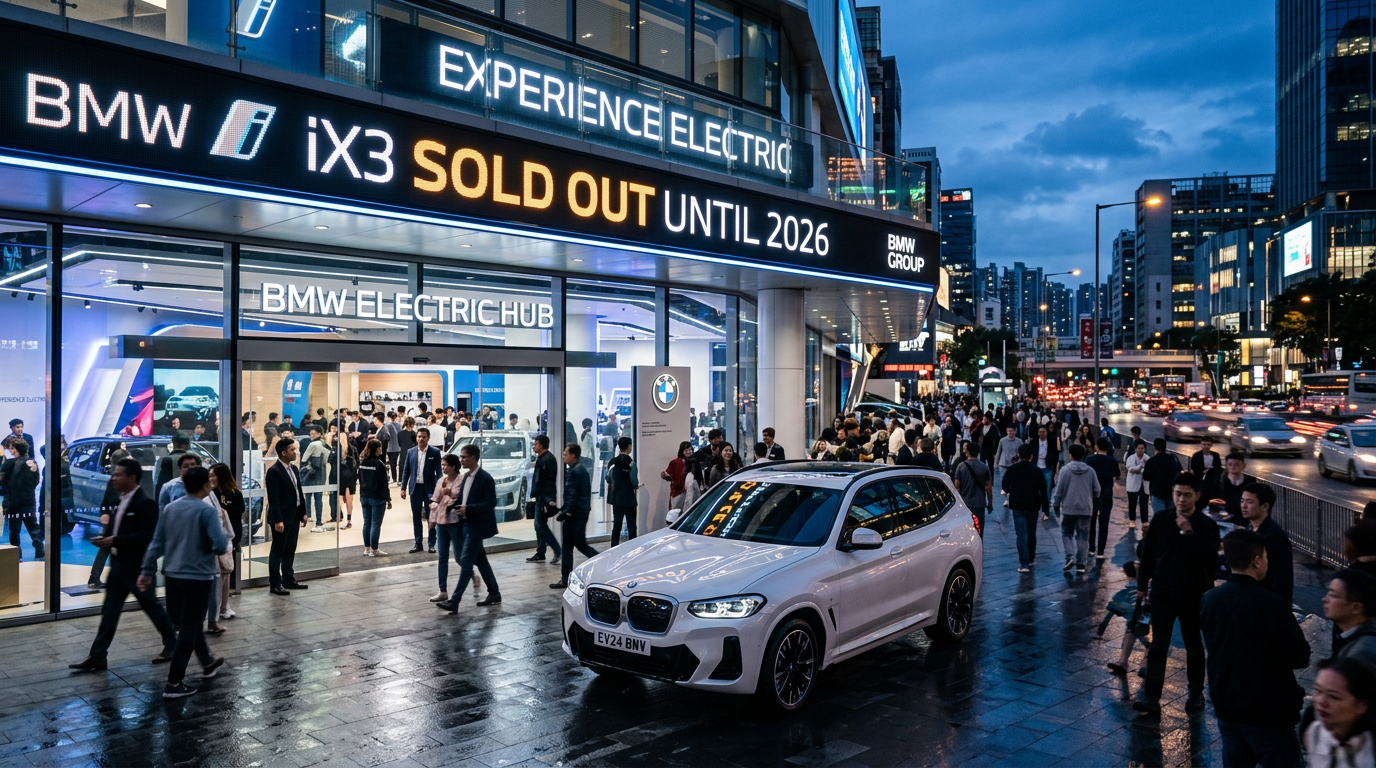 Nowe elektryczne BMW iX3 przed salonem sprzedaży w nowoczesnym mieście