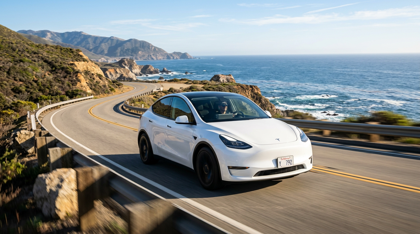 Biała Tesla Model Y na drodze w USA