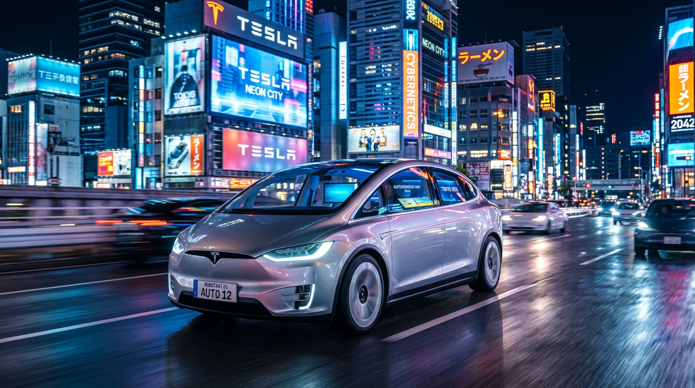 Autonomiczny samochód Tesla Robotaxi na ulicach nowoczesnego miasta nocą