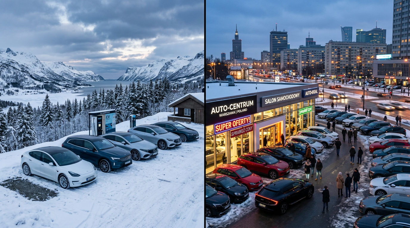 Samochody elektryczne na parkingu w zimowej scenerii, symbolizujące rynek elektromobilności 2026.