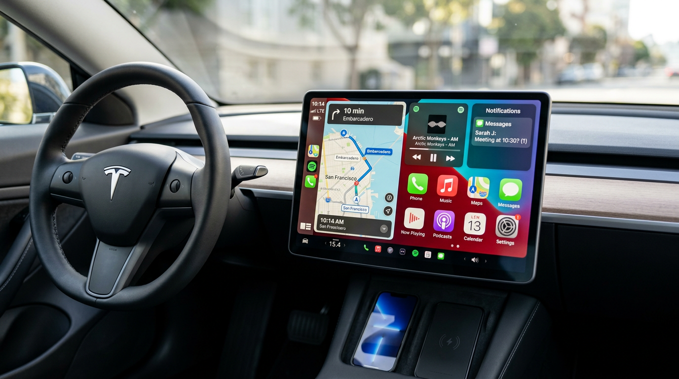 Wnętrze samochodu Tesla z widocznym interfejsem Apple CarPlay na ekranie dotykowym