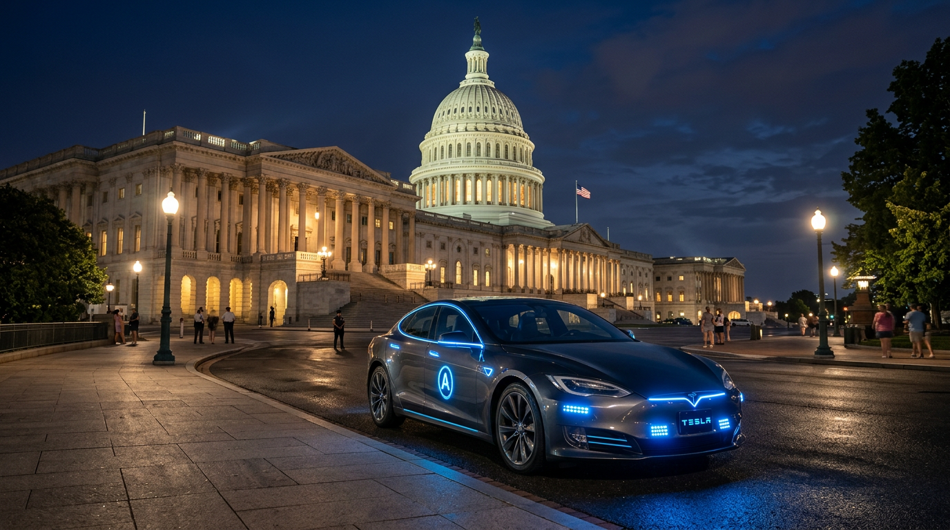 Samochód Tesla przed budynkiem Senatu USA symbolizujący regulacje systemów autonomicznych