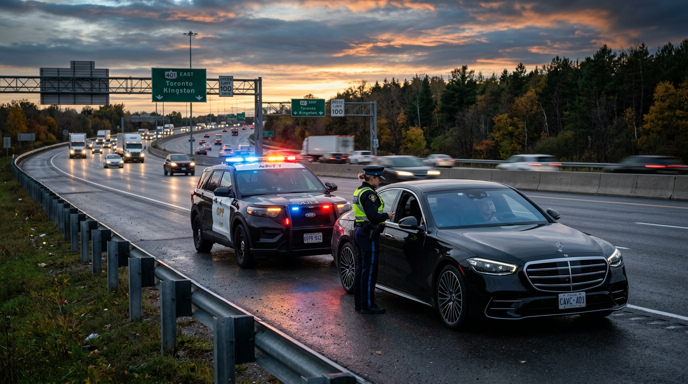 Kontrola policyjna w Ontario za stunt driving, luksusowy samochód zatrzymany na autostradzie.