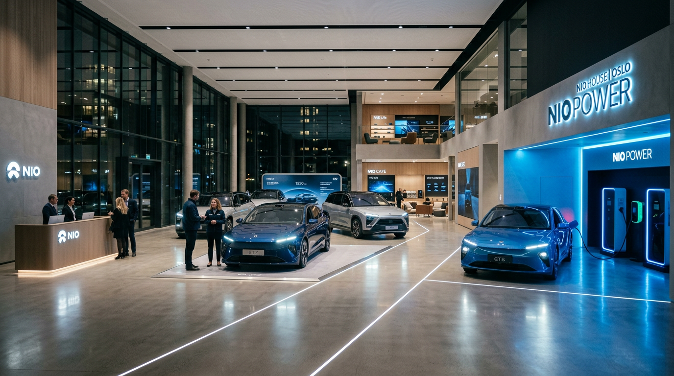 Elegancki salon samochodowy marki NIO z nowoczesnym modelem elektrycznym na pierwszym planie.