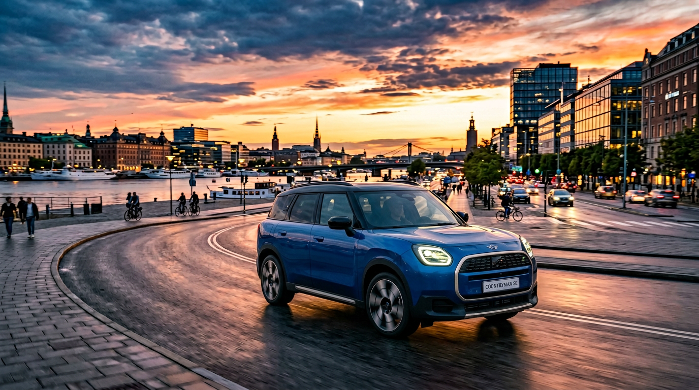 Nowy elektryczny SUV Mini Countryman Electric podczas jazdy miejskiej