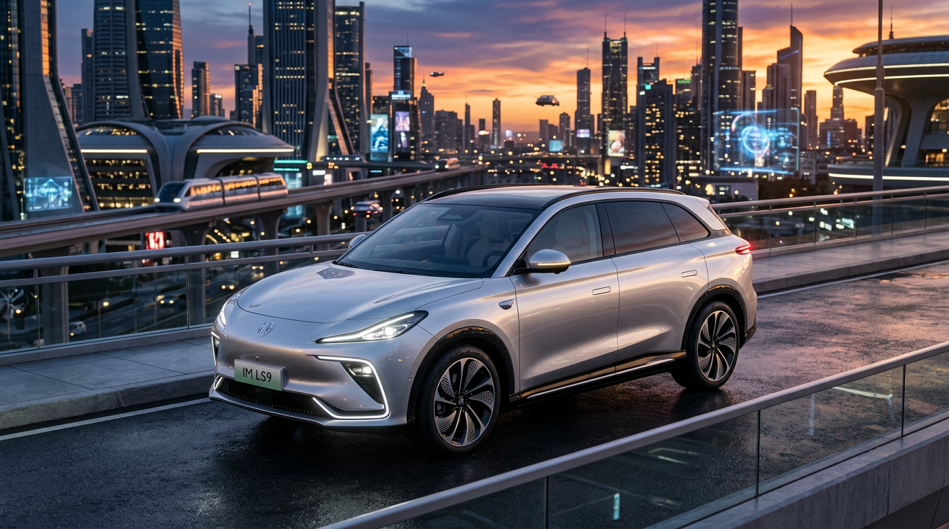 Srebrny SUV MG IM LS9 zaparkowany w nowoczesnym mieście o zachodzie słońca