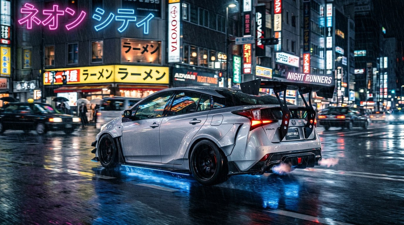 Zmodyfikowana Toyota Prius w stylu japońskiego tuningu na ulicach Tokio