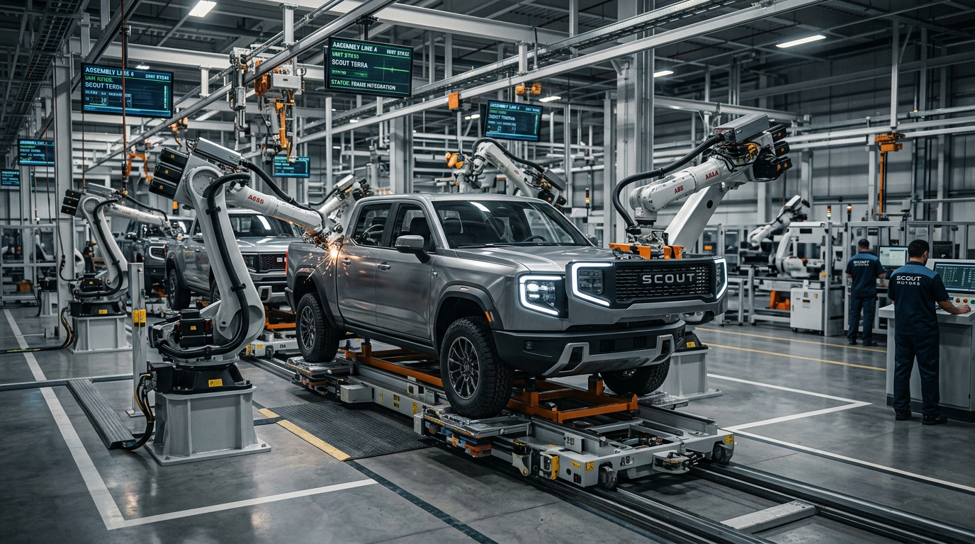 Elektryczny pickup Scout Terra na linii produkcyjnej w nowoczesnej fabryce.