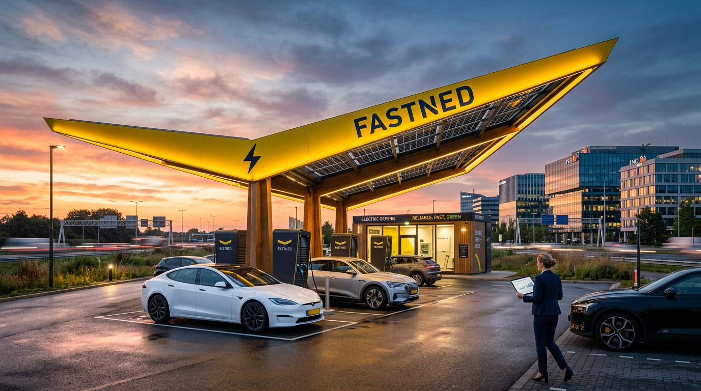 Stacja szybkiego ładowania Fastned z charakterystycznym żółtym dachem.