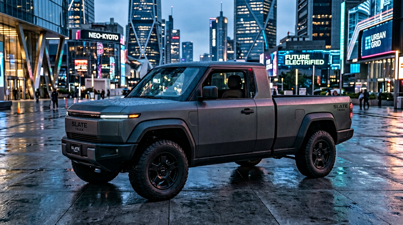 Nowoczesny elektryczny pickup Slate Truck zaparkowany w mieście.